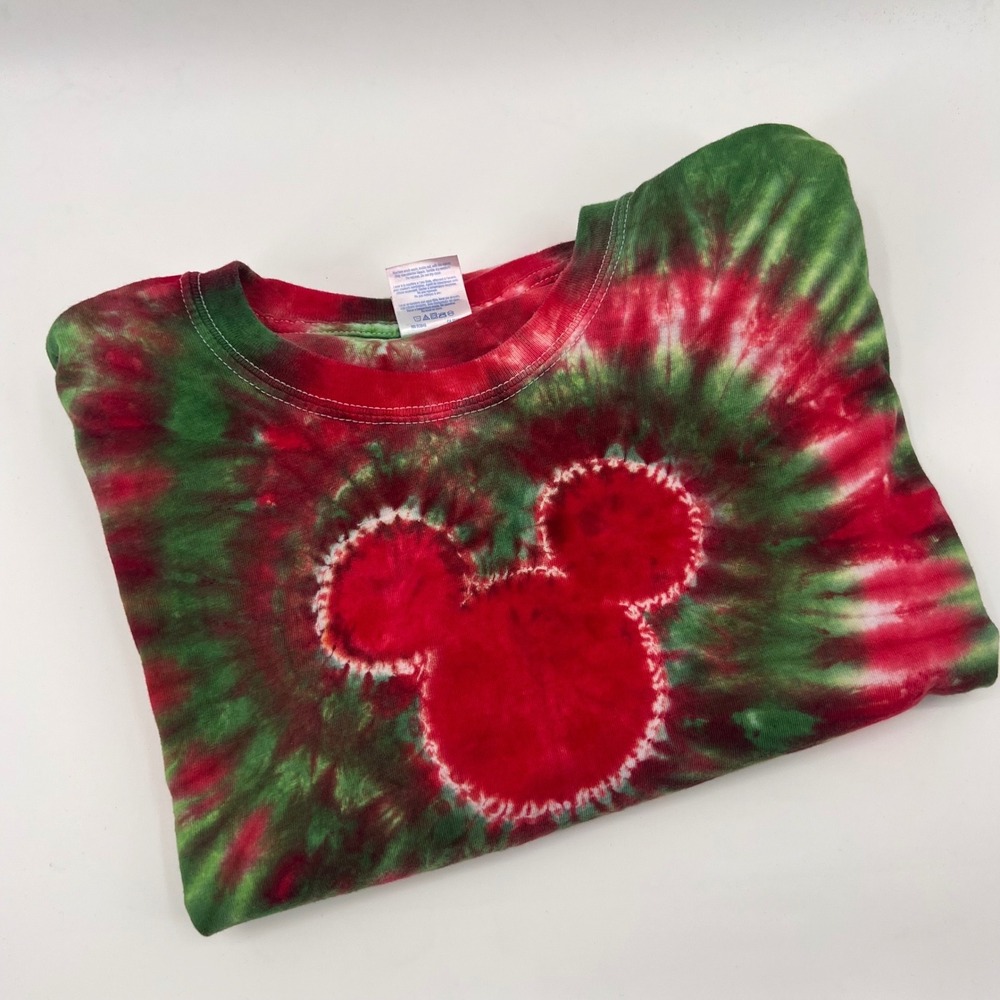 Gildan Mickey Mouse Tie Dye Shirt Mens 2XL Red Green Christmas Disney Spiral TEE